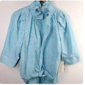 KMJ Bontina-NWT-Size Small Teal Blue and White Stripe Button Down Ruffle Collar